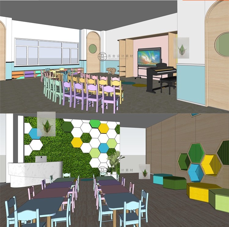 原木风幼儿园托儿所早教中心su培训教育机构特长班室内教室su模型