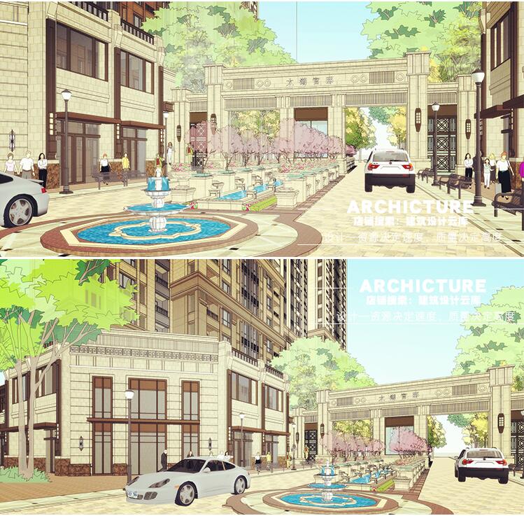 新古典两层沿街底商商铺/住宅区主入口大门门卫/建筑设计/su模型