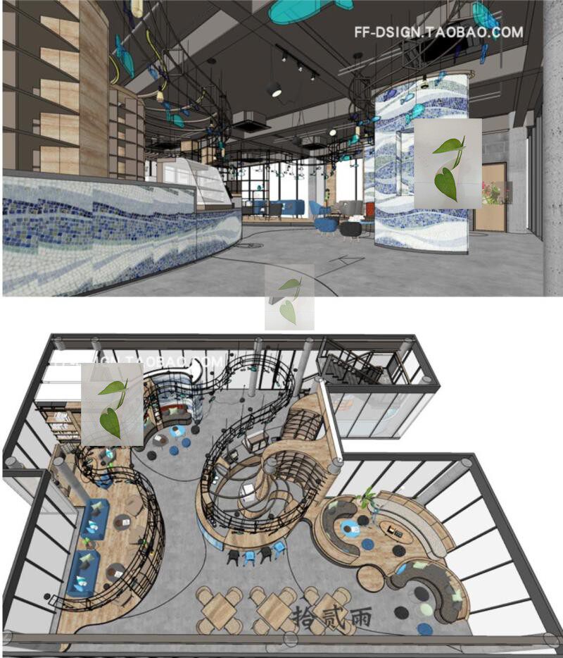 su模型工业风loft创意办公空间办公室阅读室服务台家具skp草图