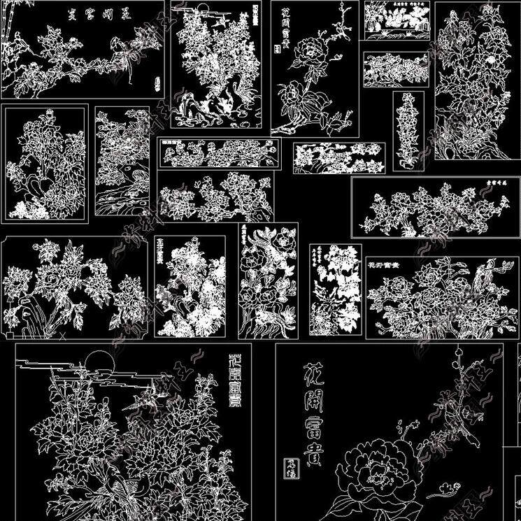 中式牡丹花cad图块开富贵cad雕花瓷砖大理石水刀拼花cad图纹图案