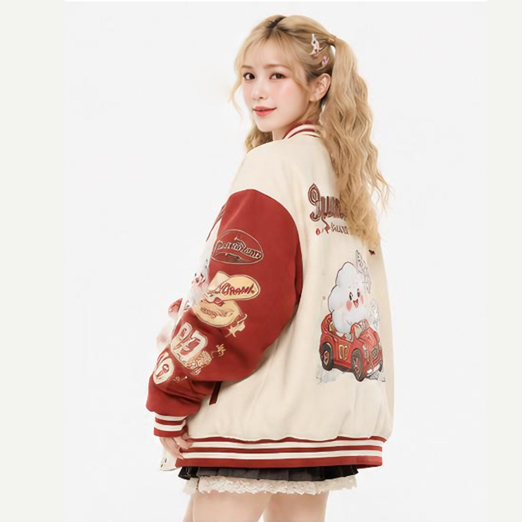 美式复古卡通刺绣撞色棒球服女