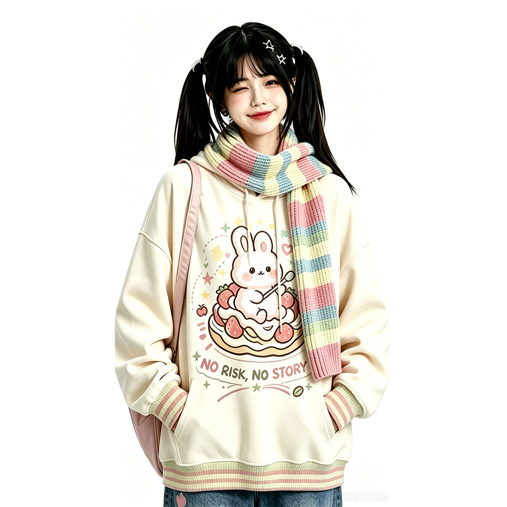 可爱兔子印花连帽宽松卫衣女