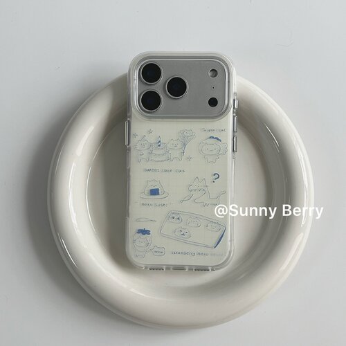 向日的浆果ins韩系小众清爽可爱蓝线条饭团草莓小猫插画适用苹果17pro手机壳iphone16promax/14/15保护套防摔