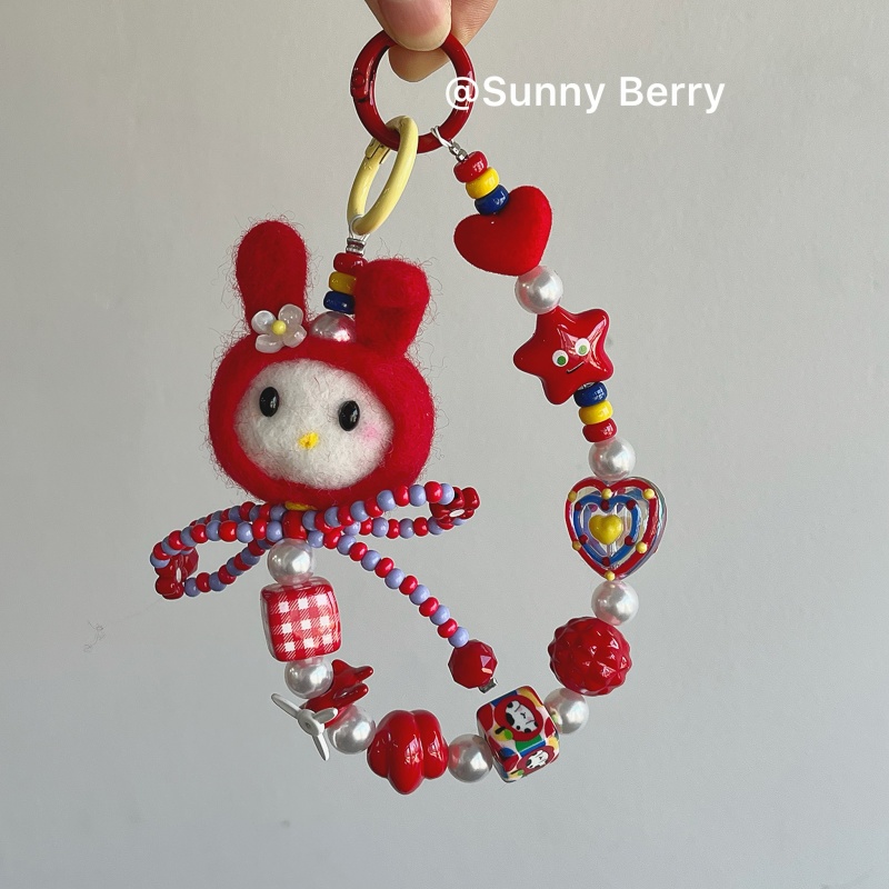 小众冬日圣诞新年红色系兔子可爱羊毛毡串珠手机链包包挂件挂绳