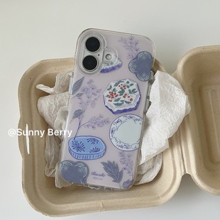 向日的浆果ins春日新中式温柔典雅紫色枝叶盘子盒子插画适用苹果17pro手机壳iphone16promax/15/14保护套防摔