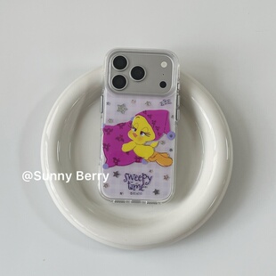 复古可爱紫色枕头黄色小鸟插画适用苹果17pro手机壳iphone16promax 15保护套防摔 浆果ins小众美式 向日