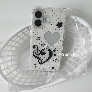 向日的浆果ins韩系小众古早风甜酷黑白波点音符可爱兔子适用苹果17pro手机壳iphone16promax/15/14保护套防摔