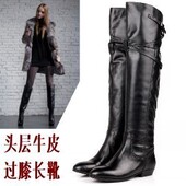 真皮平底过膝长靴女靴子冬季 加绒高筒靴平跟长筒骑士靴黑色全皮靴