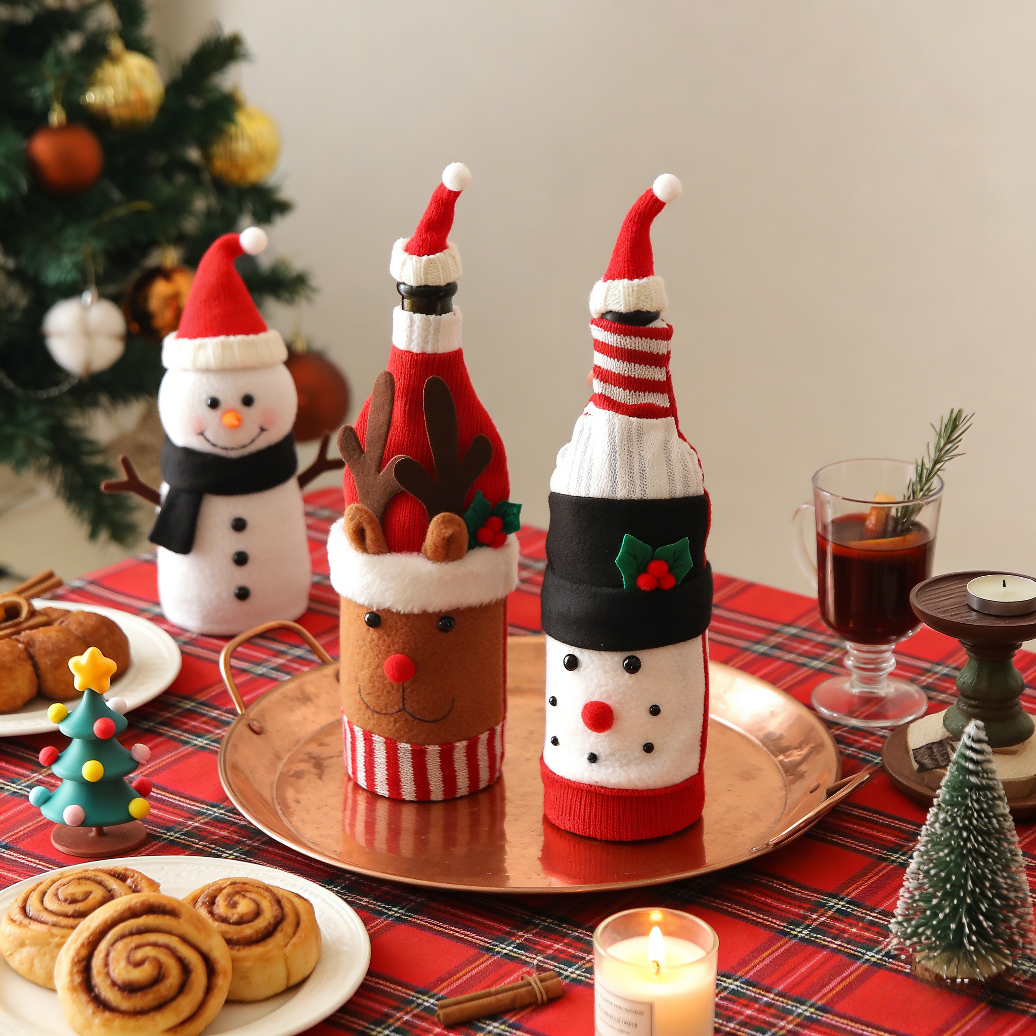 圣诞节针织红酒瓶套客厅餐桌面主题氛围感布置christmas装饰摆件