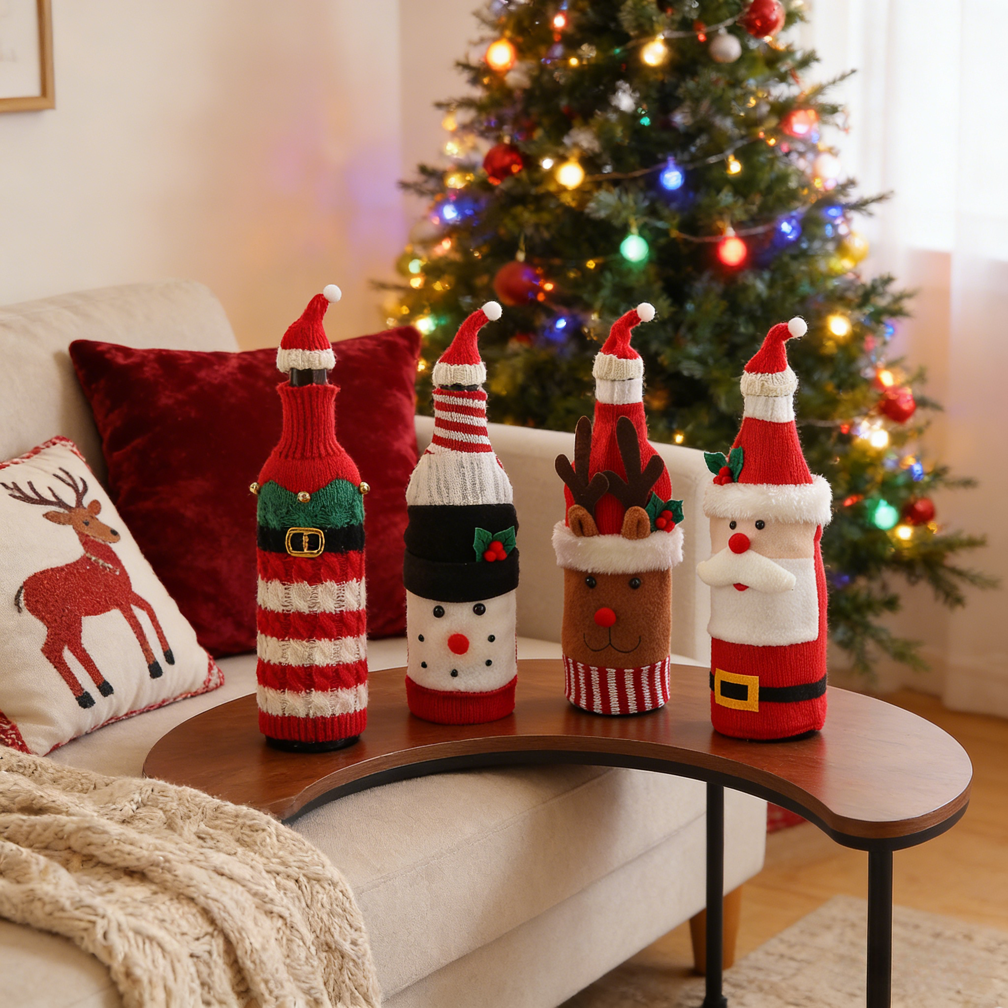 圣诞节场景氛围布置家里装饰品桌面摆件红酒瓶针织酒瓶套拍摄道具