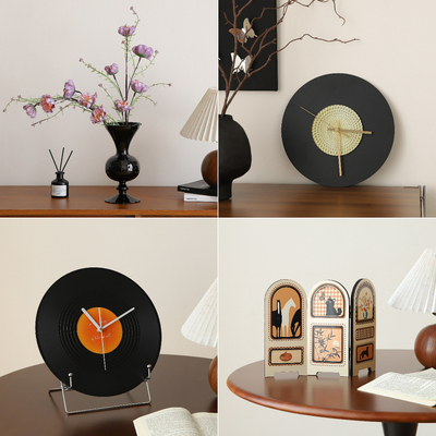 中古风复古黑胶唱片桌面时钟摆件表摆台式钟表静音座钟电视柜装饰