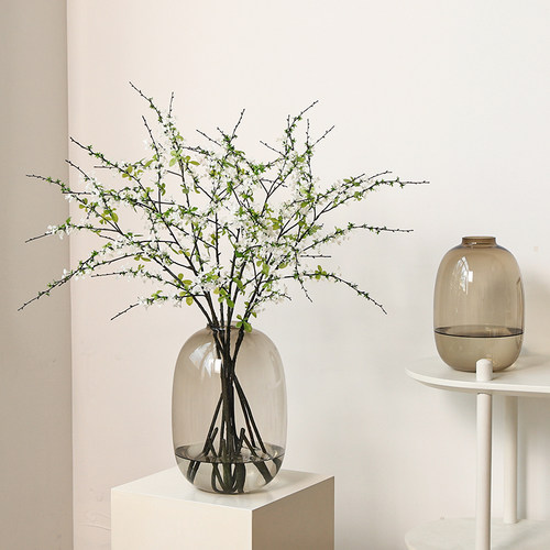 轻奢高档玻璃大肚花瓶摆件客厅落地插花高级感雪柳马醉木绿植假花