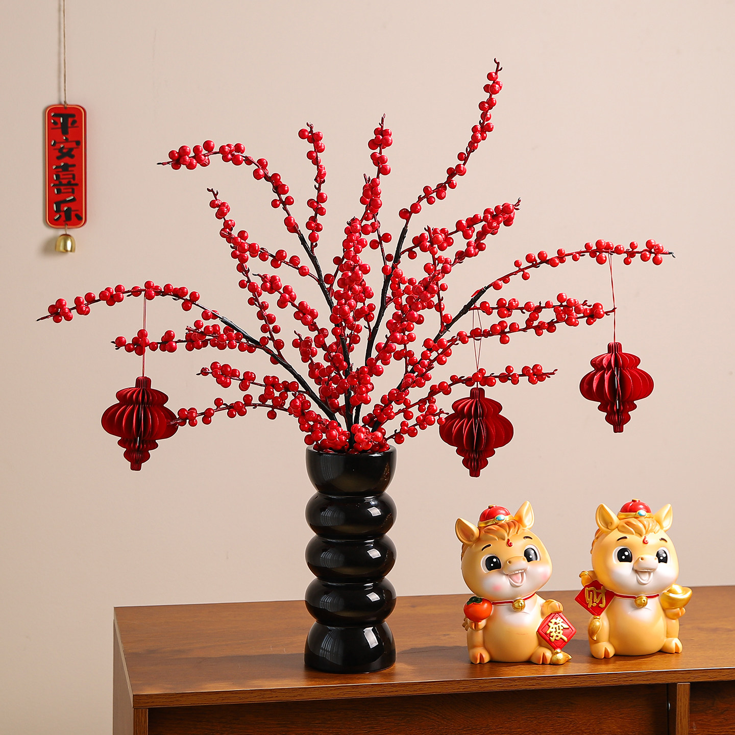 马年春节过年新年氛围布置装饰品喜庆红果花瓶插花客厅电视柜摆件,家居饰品,装饰摆件,淘宝优惠券,粉丝福利购,淘宝优惠卷