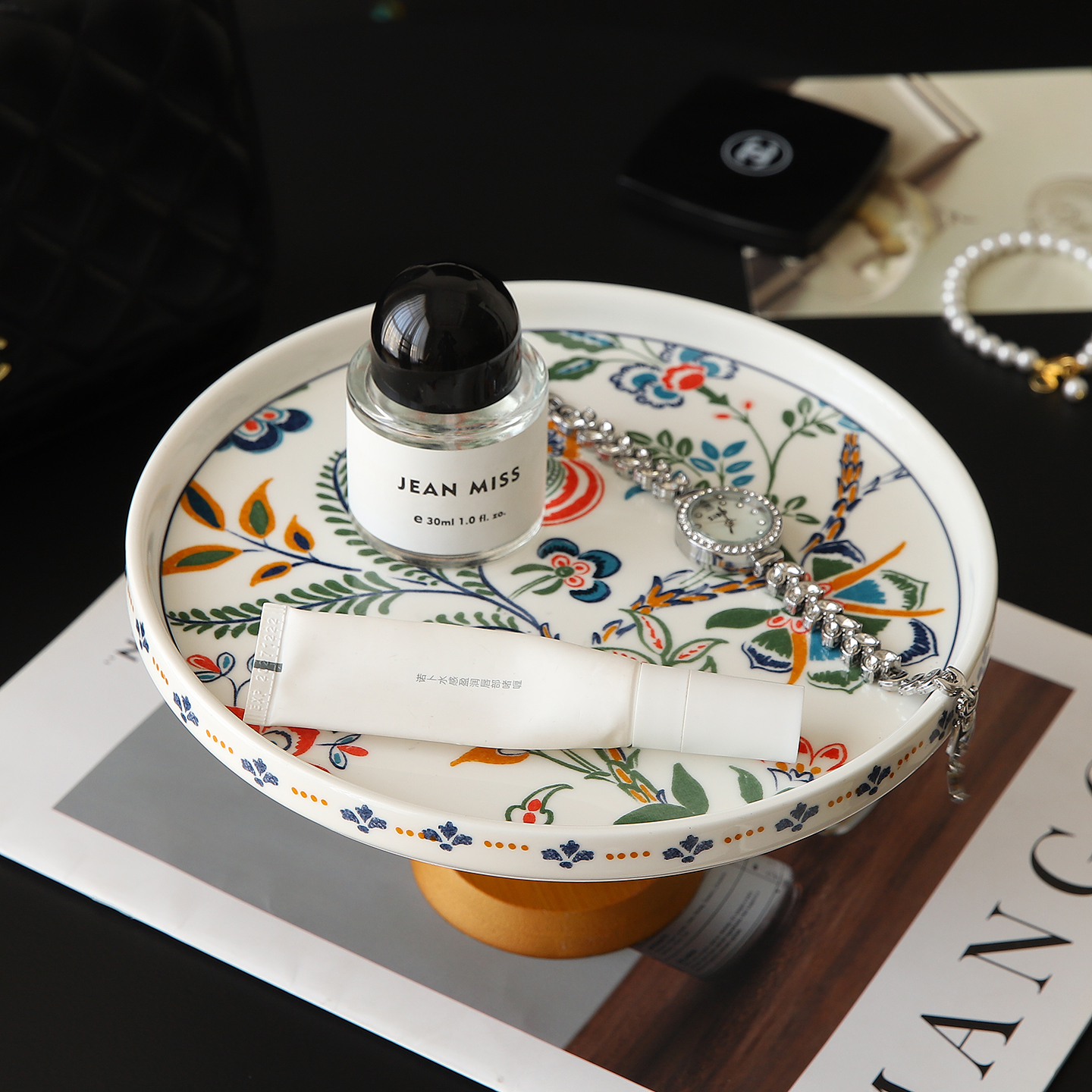 中古风香水香薰高脚托盘梳妆台装饰摆件特别好看的钥匙首饰收纳盘