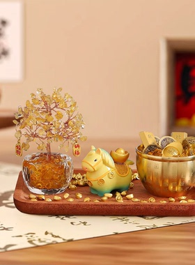 2026马年吉祥物生肖小马摆件黄水晶发财树桌面装饰品马上有钱礼物