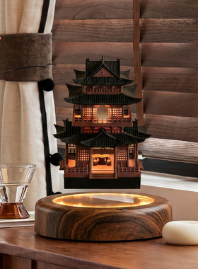 中古磁悬浮观山阁楼桌面玄关摆件古建筑装饰小夜灯旋转办公高级感