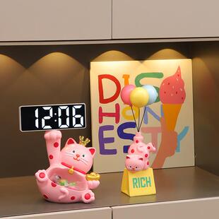 可爱波点猫桌面时钟装饰品摆件客厅玄关卧室台式钟表摆放式电子钟