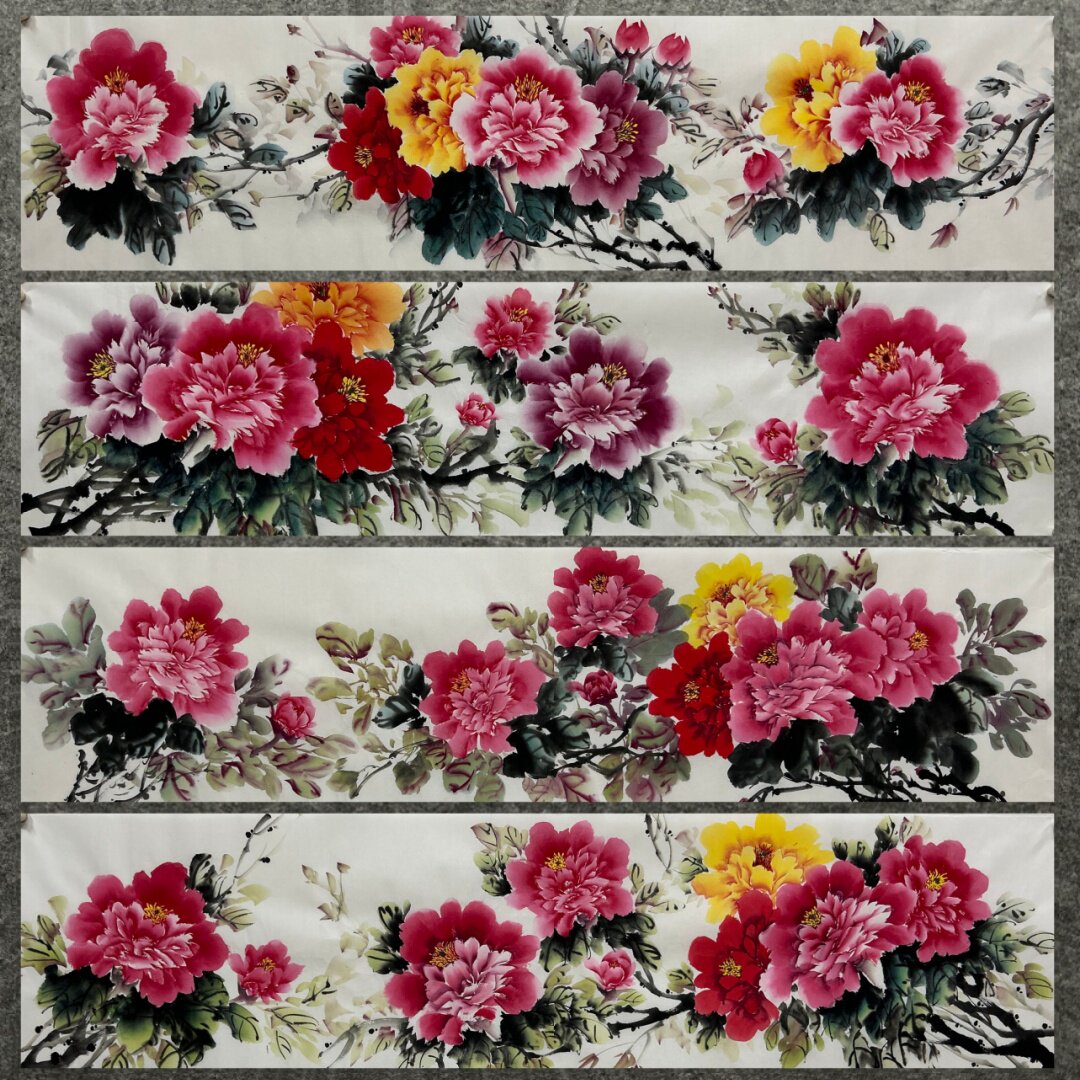 136X34厘米走廊装饰国画纯手绘花鸟字画四尺对开牡丹AU3111601-10