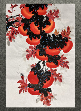 精品国画纯手绘景哲风格花鸟画四尺三开柿子事事如意AC4123201