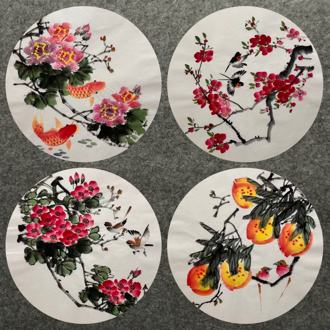 直径50厘米餐厅装饰国画批发走廊纯手绘圆形花鸟画AW3111961-90