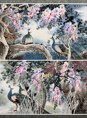 8墨锦轩客厅精品装饰国画纯手绘花鸟画四尺孔雀紫藤AX3100101-15