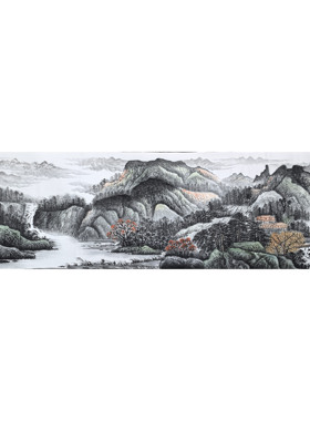 240X70厘米8墨锦轩客厅国画批发纯手绘八尺对开山水画福地雅居