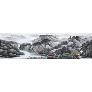 240X70厘米8墨锦轩客厅国画批发纯手绘八尺对开山水画福地雅居