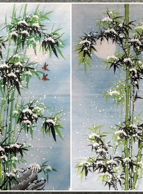 136X68CM装饰国画纯手绘花鸟字画雪竹四尺竹子竹报平安AG40421-60