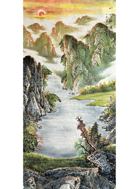 136X68CM中堂纯手绘四尺山水画国画聚宝盆旭日东升AK4122801-3