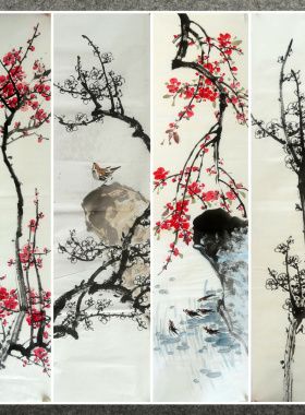 136X34厘米条幅装饰字画国画纯手绘花鸟画四尺对开梅花AC301-37