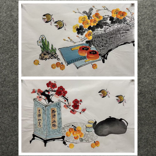 纯手绘花鸟字画四尺三开花鸟画