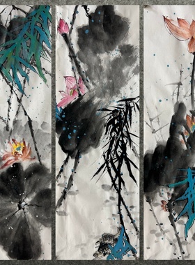 68X23CM精品装饰国画纯手绘花鸟字画四尺六开荷花AB6010101-10