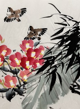 玄关精品装饰国画花鸟画字画纯手绘三尺斗方山楂花AV80102044-66