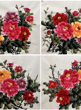 68X68厘米装饰国画纯手绘花鸟画四尺斗方牡丹花开富贵