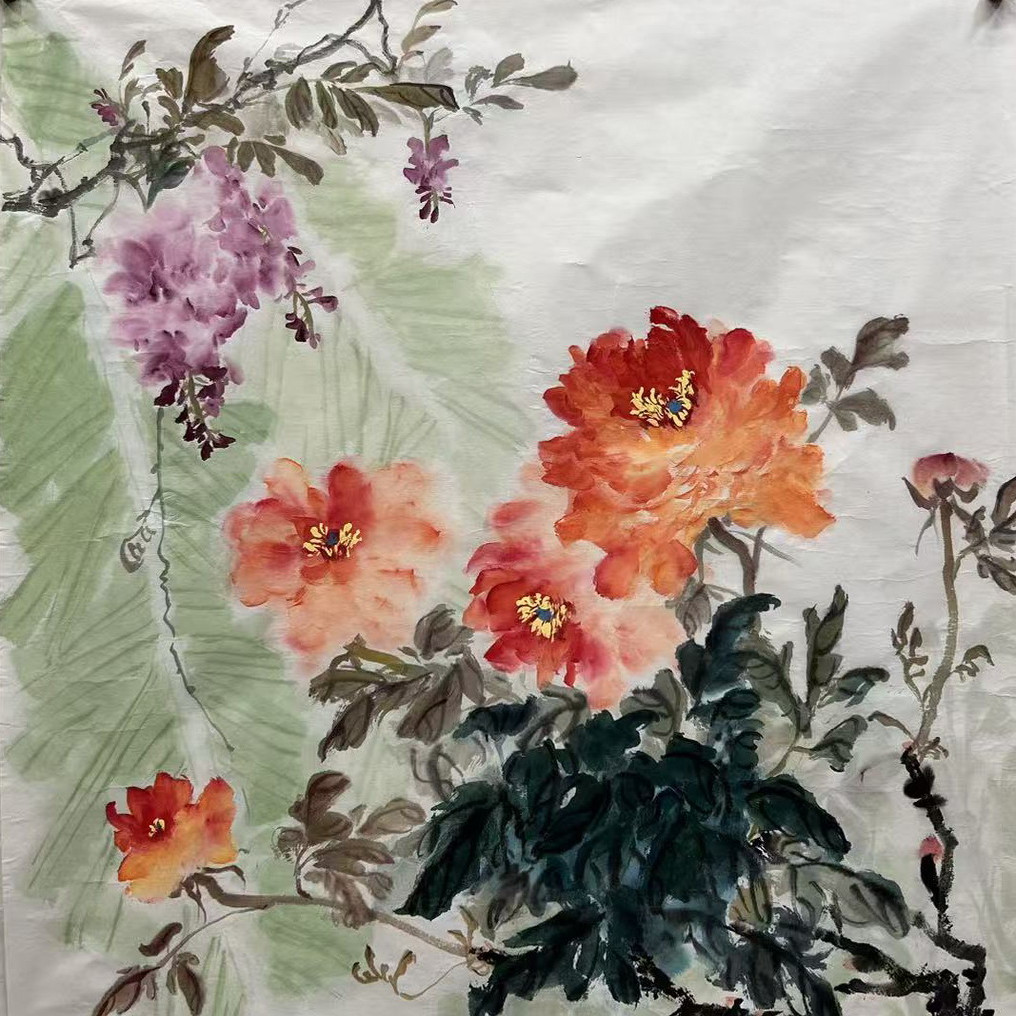 66X66厘米酒店装饰国画花鸟画纯手绘四尺斗方牡丹AN5100201-3图片