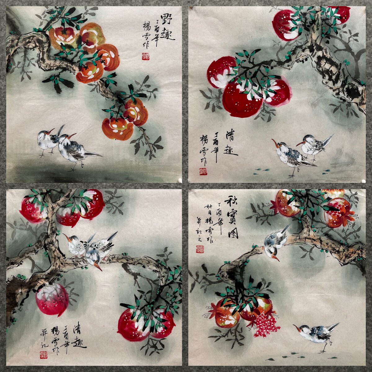 50X50CM装饰国画纯手绘花鸟画三尺斗方柿子石榴寿桃AR6010301-30