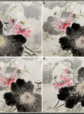 玄关精品装饰国画花鸟画字画纯手绘三尺斗方荷花鱼AC50503091-120