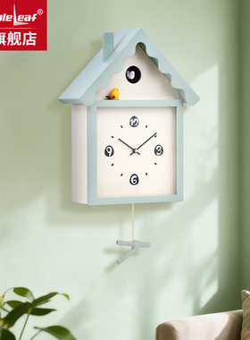 枫叶钟表小鸟实木报时挂钟儿童房创意装饰时钟家用简约石英钟挂件