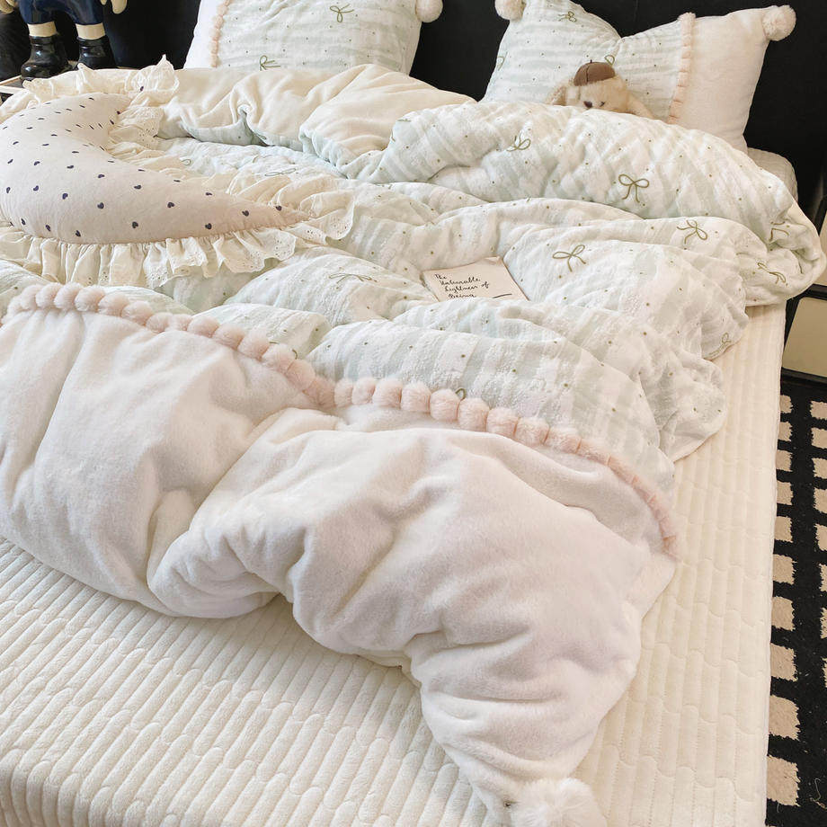 2026新款兔毛雕花绒牛奶绒床盖款四件套单人宿舍三件套