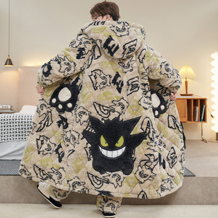 男士夹棉睡袍冬季卡通动漫满印耿鬼加厚夹层青少年大码睡衣家居服