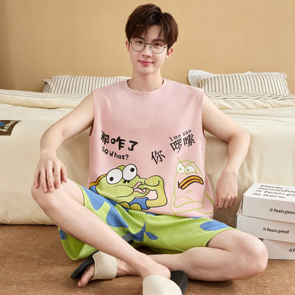 夏季纯棉无袖背心睡衣男卡通动漫粉色丑鱼宽松大码青年坎肩家居服