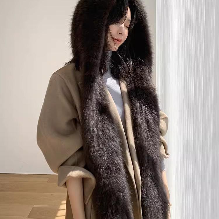 韩版新款冬季护耳保暖水貂连帽紫貂风雪帽仿貂皮皮草围巾帽子一体