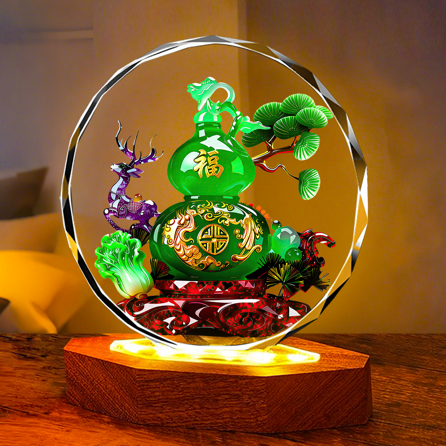 葫芦小鹿福禄双全水晶摆件