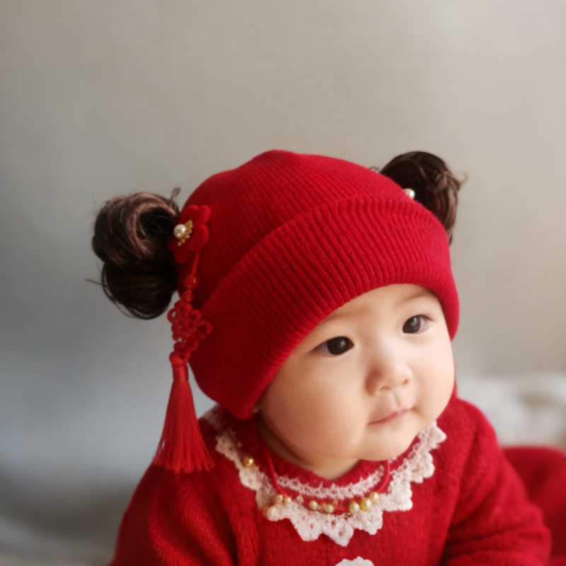 秋冬婴儿帽子流苏红色生日宴可爱婴幼儿过年喜庆毛线帽胎帽1-2岁