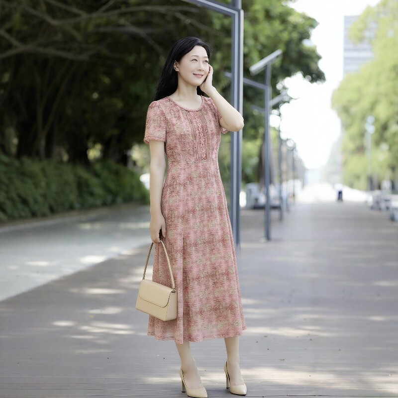 丹同款 琳丹乐2026春夏新品优雅粉红花网纱连衣裙68054