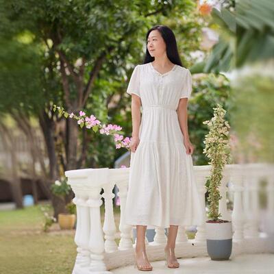 琳丹乐 丹同款 2025新品米白棉连衣裙58030