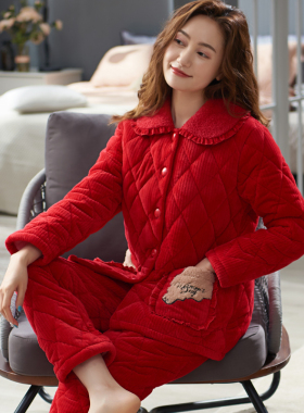 圆人睡衣女冬季加厚加绒珊瑚绒夹棉秋冬红色本命年保暖家居服套装