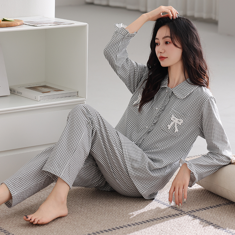 圆人睡衣女款春秋季长袖开衫套装