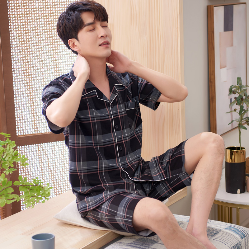 圆人男士睡衣夏季纯棉短袖短裤薄款格子大码2025可外穿家居服套装