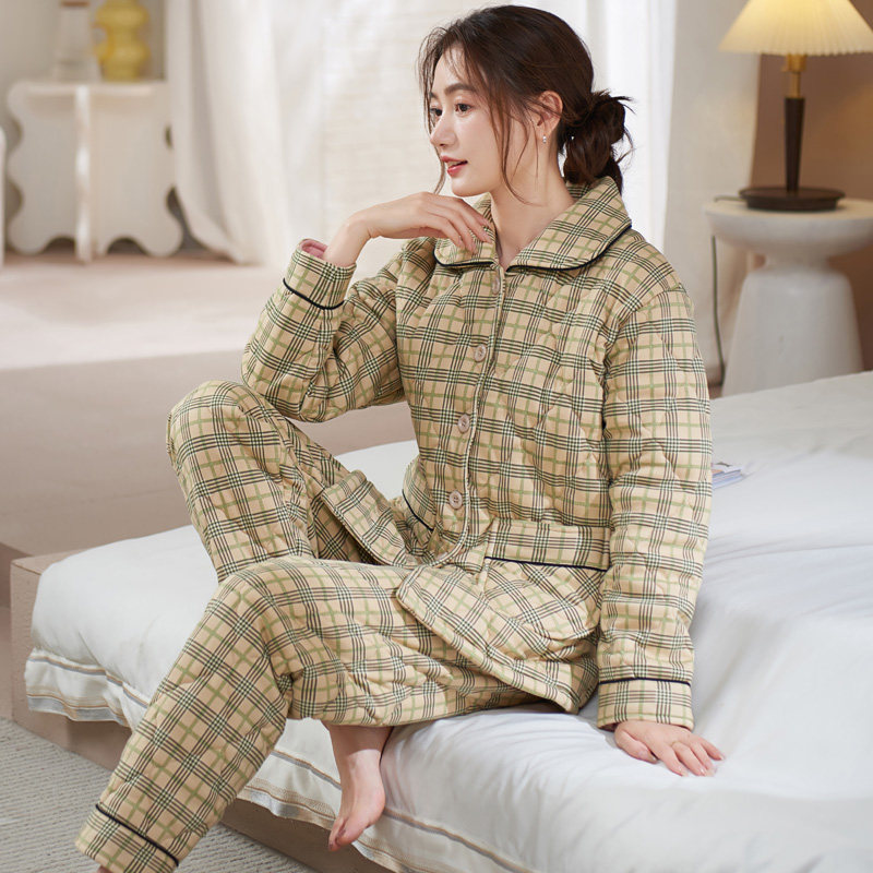 睡衣女秋冬加厚纯棉夹棉中老年妈妈开衫可外穿保暖春秋家居服套装